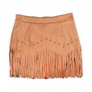 Faux Suede Fringe Mini Skirt Sz Medium Studded Detail Western Boho Chic Brown